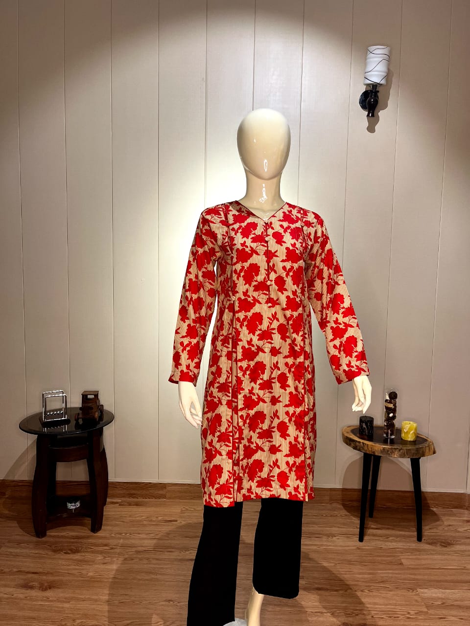 Vibrant Red & Beige Floral Printed Cotton Kurti/Tunic | Casual V-Neck Frock Style Shirt (CFS-3012)