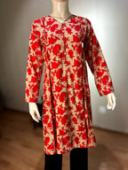 Vibrant Red & Beige Floral Printed Cotton Kurti/Tunic | Casual V-Neck Frock Style Shirt (CFS-3012)