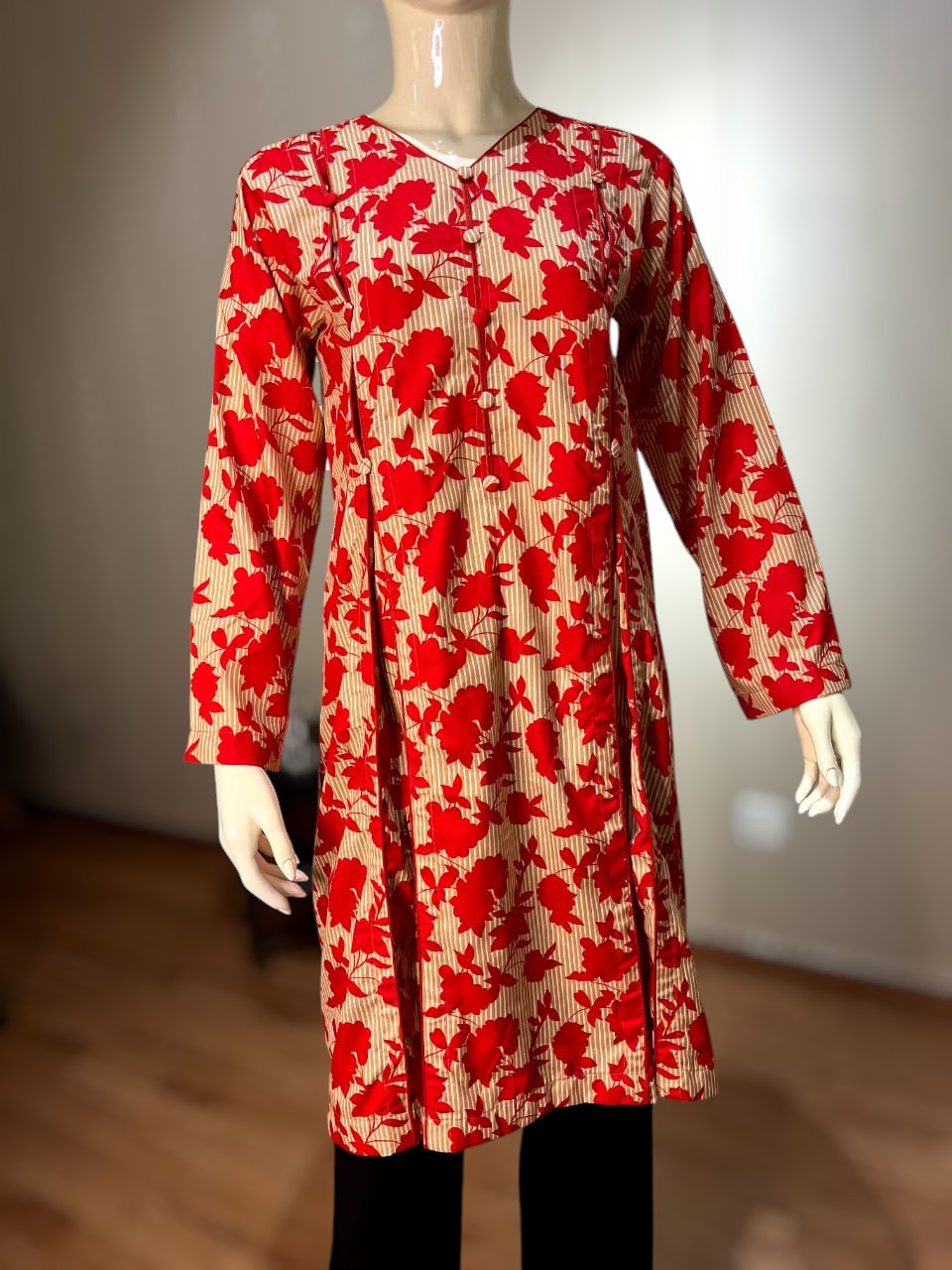 Vibrant Red & Beige Floral Printed Cotton Kurti/Tunic | Casual V-Neck Frock Style Shirt (CFS-3012)