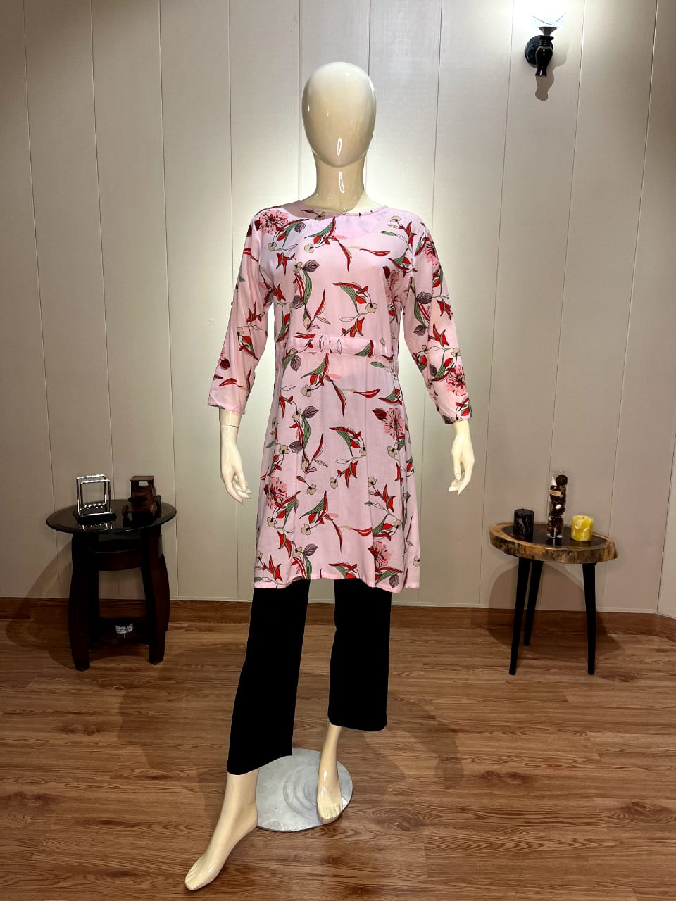 Soft Pink & Red Floral Printed Cotton Tunic | Round Neck Straight Fit Kurti (LK-3009)