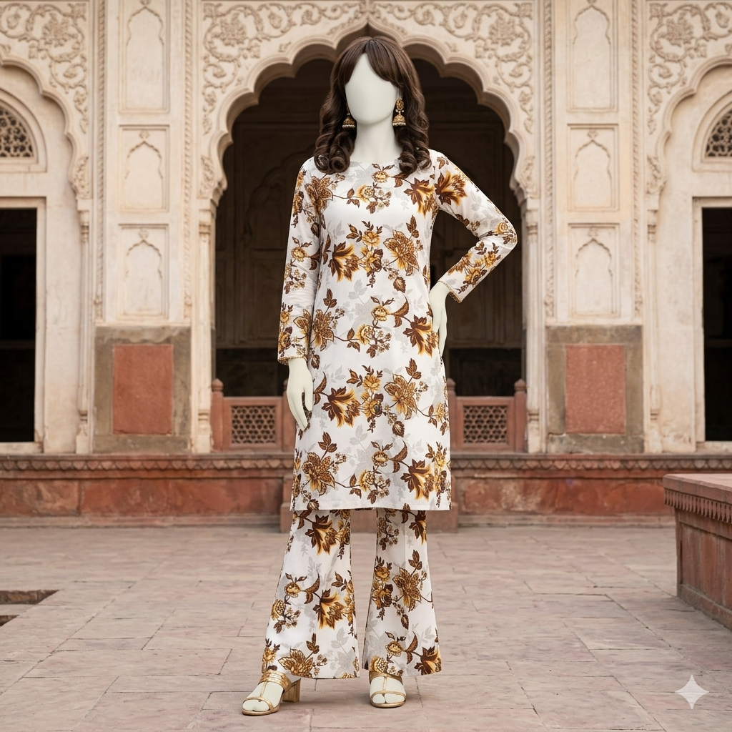"Woman wearing a premium cotton-silk unstitched 2-piece suit with vibrant floral prints from ZH2 Store."