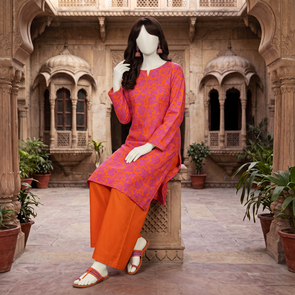 Seated view of the orange and pink floral 2-piece lawn suit, illustrating the comfortable design and fit from ZH2 Store.