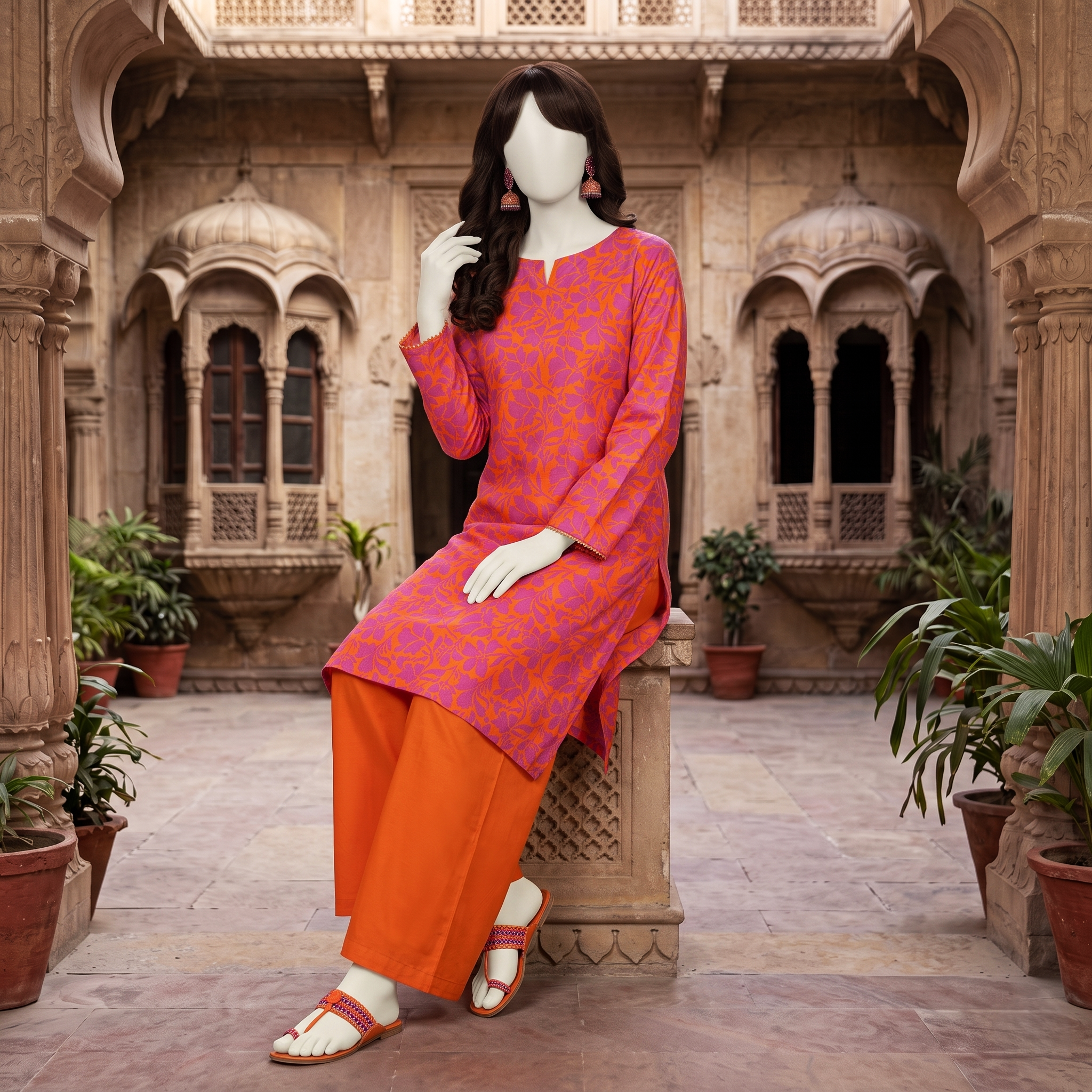 Seated view of the orange and pink floral 2-piece lawn suit, illustrating the comfortable design and fit from ZH2 Store.
