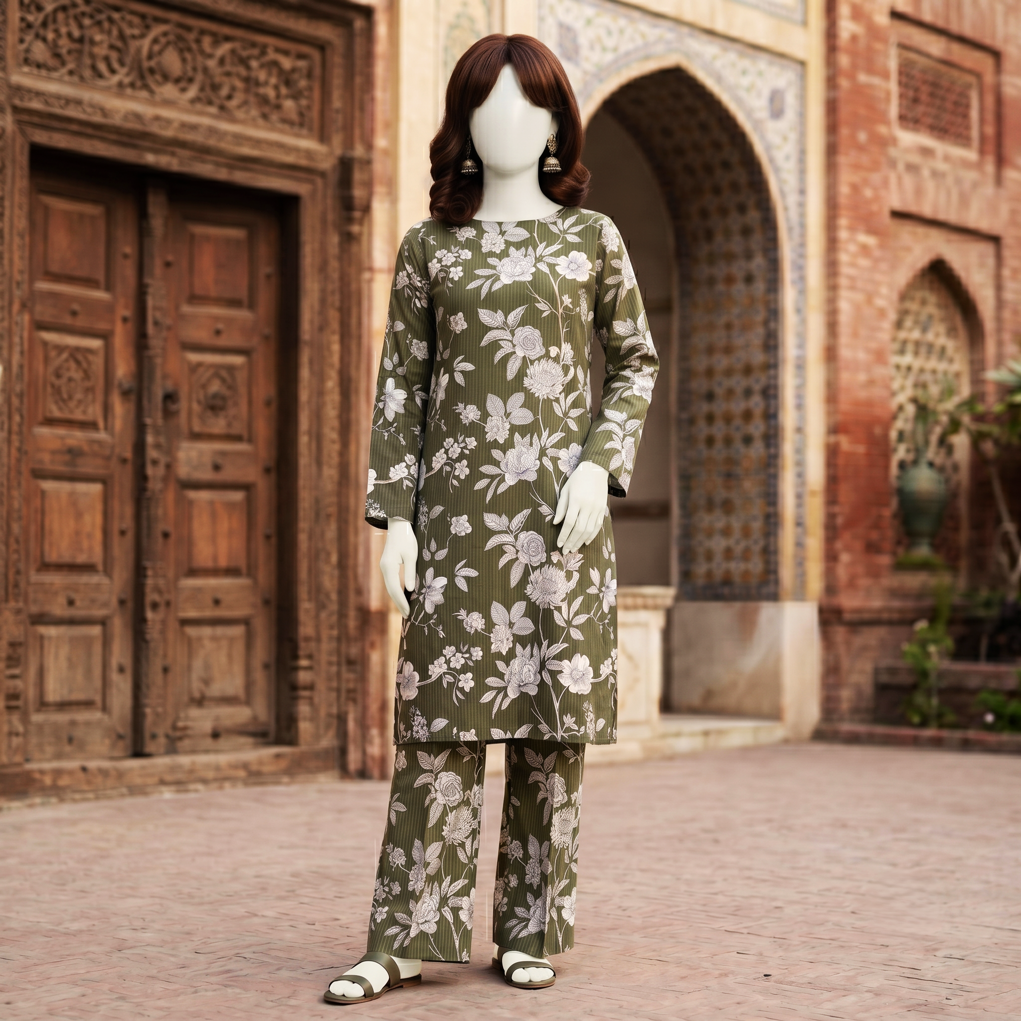 Close-up of premium cotton silk fabric texture and print details, unstitched suit material.