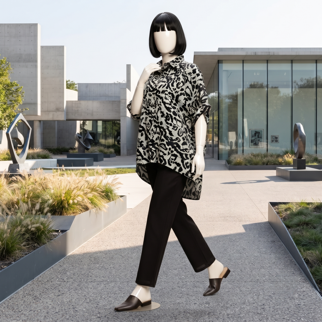 Trendy black and white abstract print baggy shirt, worn by a mannequin in a bright outdoor environment.