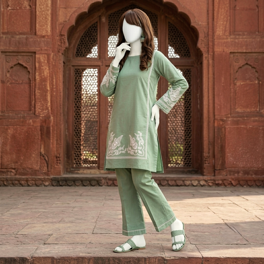 Premium 2-piece embroidered unstitched lawn suit collection by ZH2 Store, featuring a 1.2-meter embroidered shirt and 2.2-meter trouser fabric with intricate ethnic designs displayed on a mannequin.