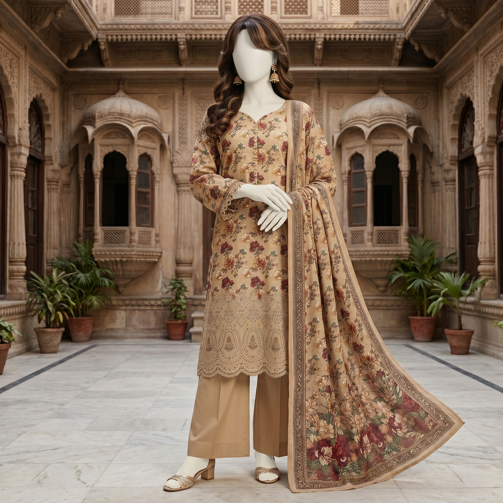 ZH2 Store 3-piece unstitched printed lawn suit featuring fine floral vine motifs on a mannequin.