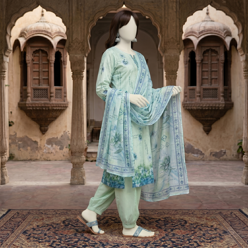 ZH2 Store 3-piece unstitched printed lawn suit with floral patterns on a mannequin.