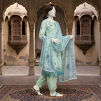 ZH2 Store 3-piece unstitched printed lawn suit with floral patterns on a mannequin.