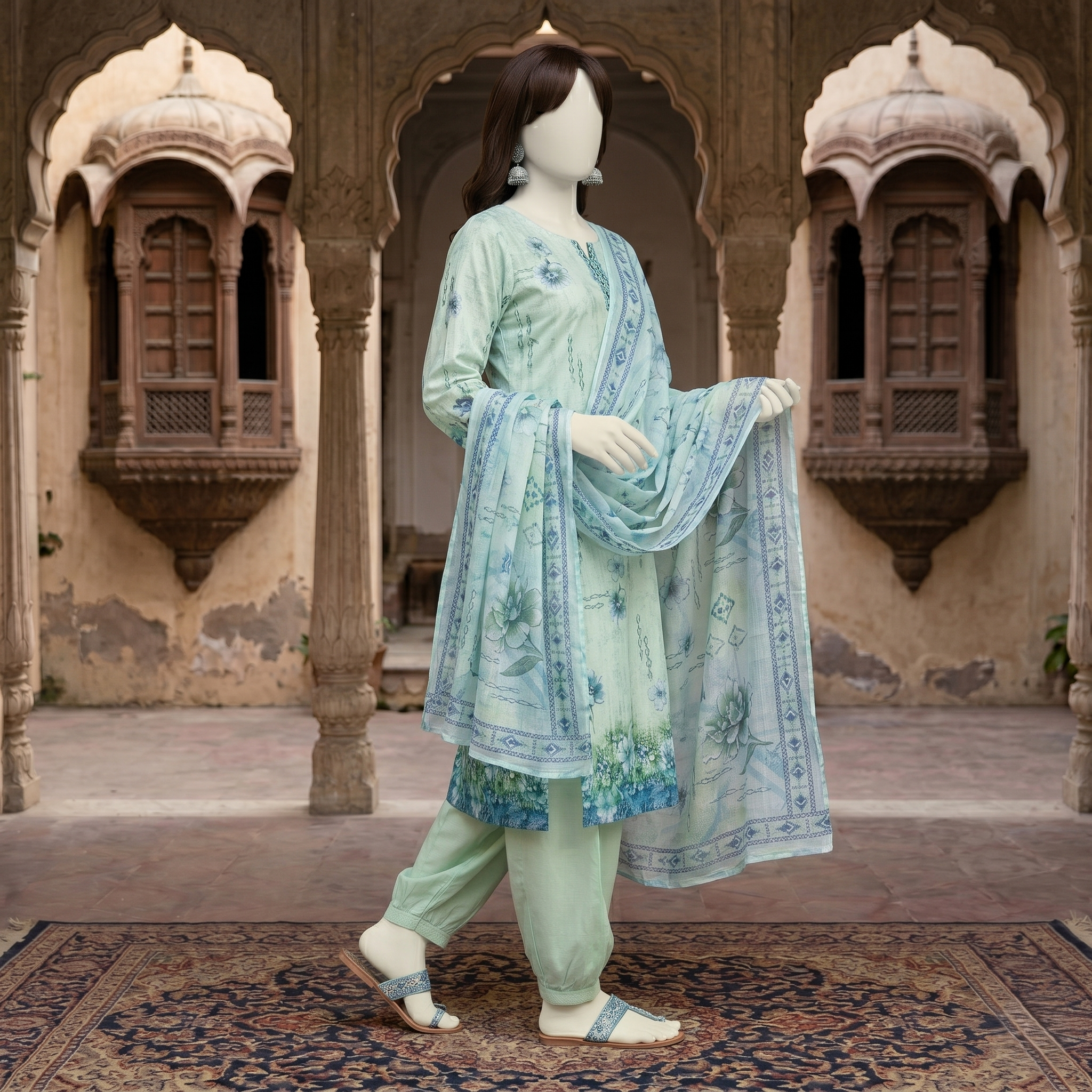 ZH2 Store 3-piece unstitched printed lawn suit with floral patterns on a mannequin.