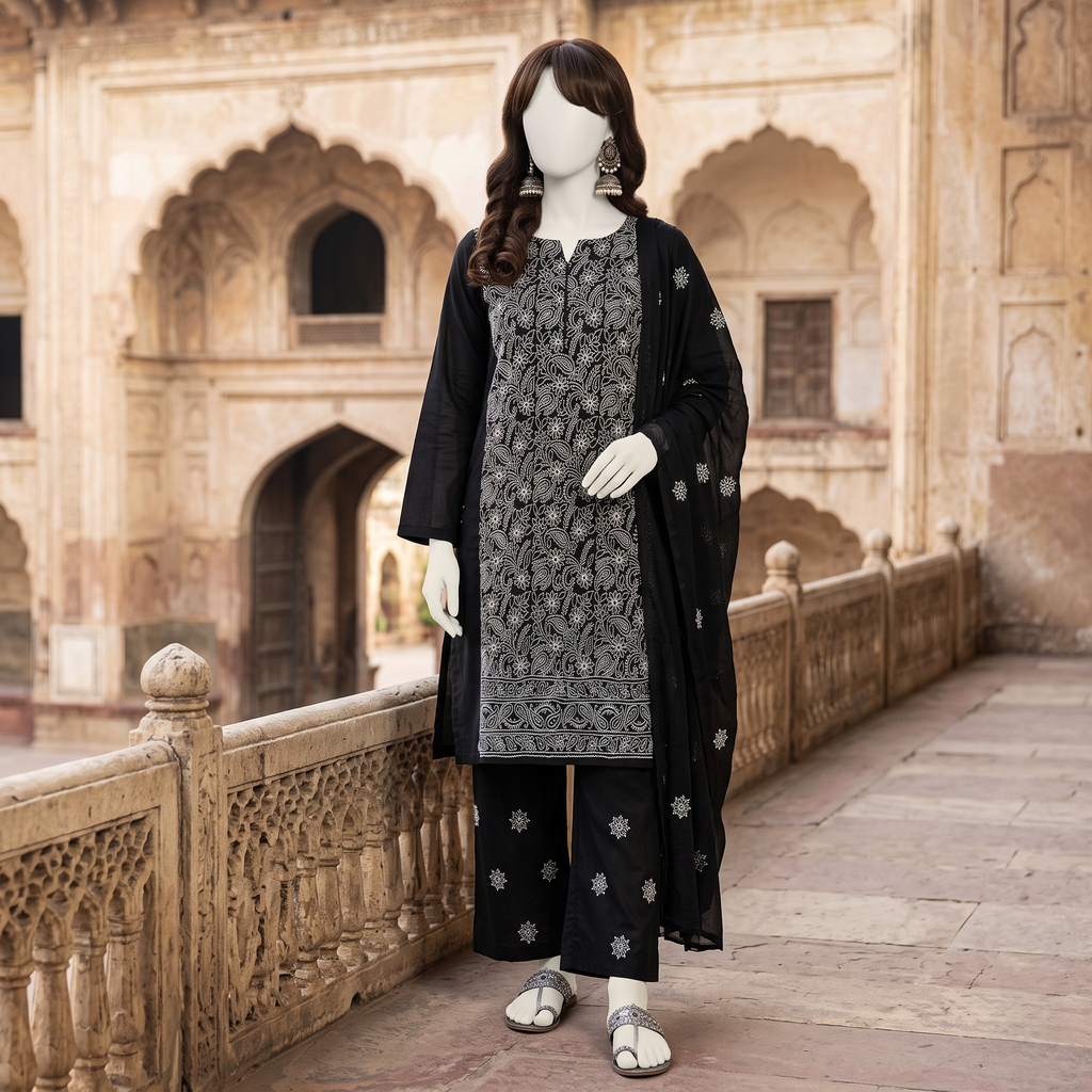 Elegant 3-piece unstitched lawn suit with colorful intricate embroidery on the shirt and trousers, paired with a matching embroidered dupatta, displayed on a mannequin.