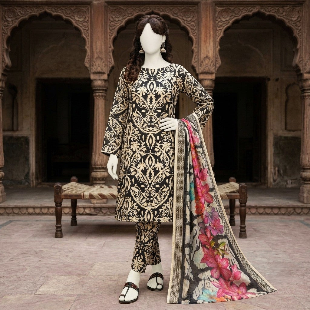 A mannequin seated on a traditional bench, wearing a black and gold paisley-patterned 3-piece unstitched lawn suit.