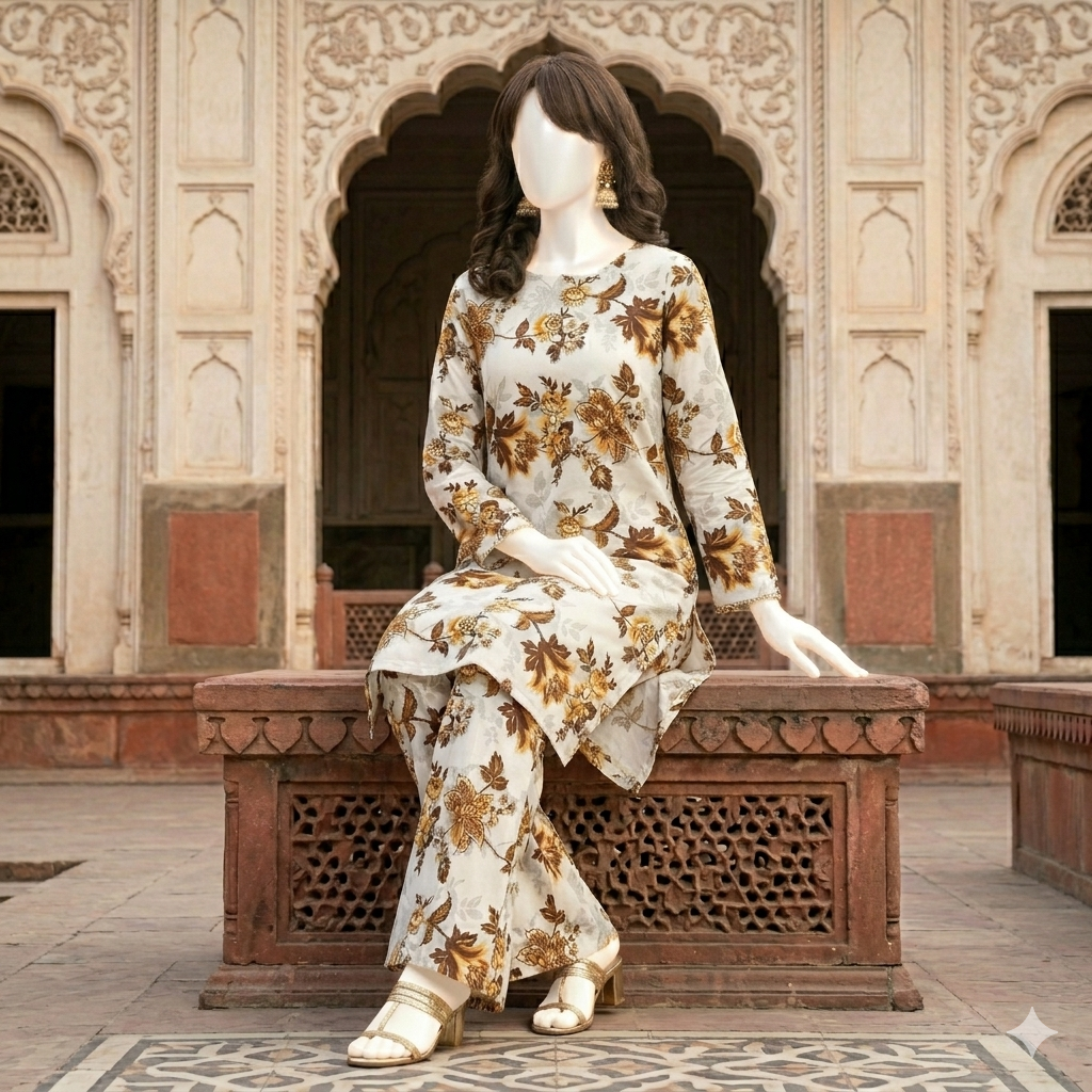 "Woman wearing a premium cotton-silk unstitched 2-piece suit with vibrant floral prints from ZH2 Store."
