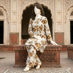 "Woman wearing a premium cotton-silk unstitched 2-piece suit with vibrant floral prints from ZH2 Store."