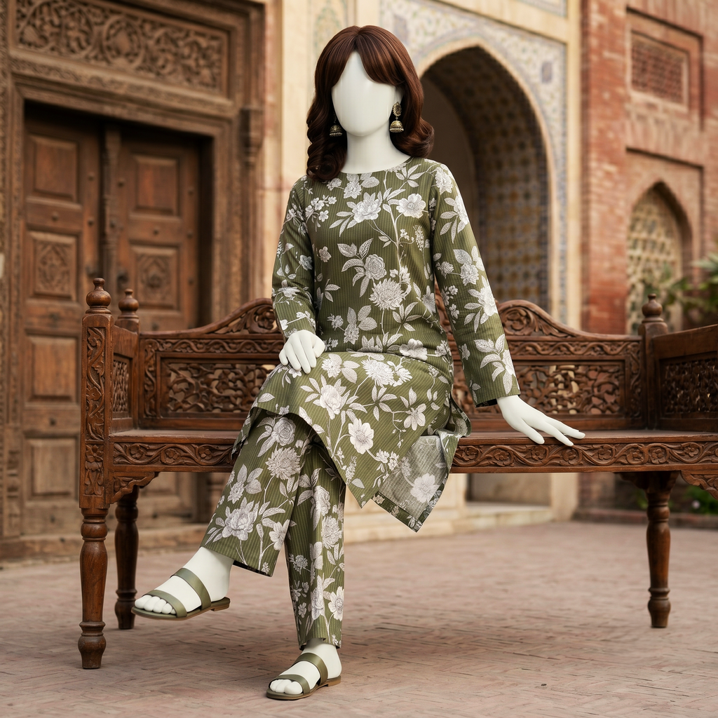 Full length of 4.3-meter cotton silk unstitched fabric for shirt and trousers, floral pattern.