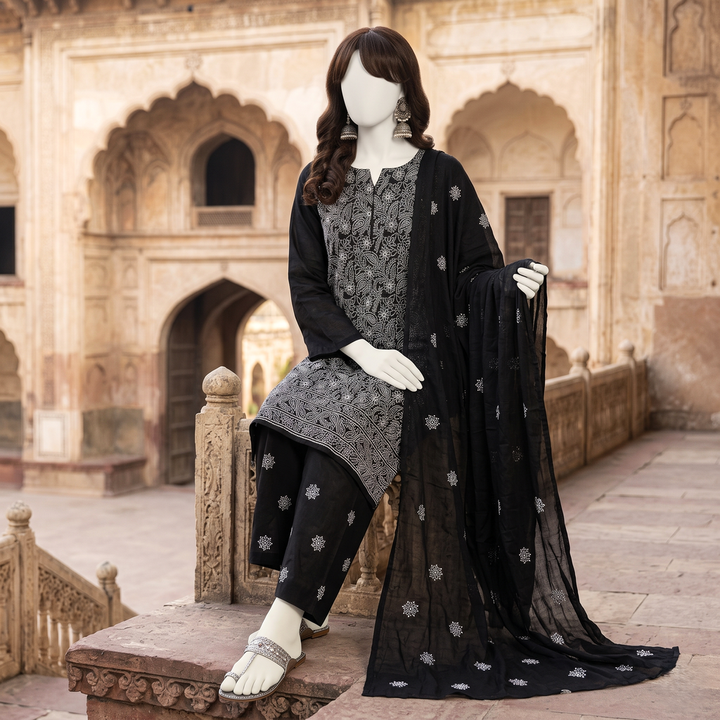 Elegant 3-piece unstitched lawn suit with colorful intricate embroidery on the shirt and trousers, paired with a matching embroidered dupatta, displayed on a mannequin.