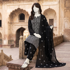 Elegant 3-piece unstitched lawn suit with colorful intricate embroidery on the shirt and trousers, paired with a matching embroidered dupatta, displayed on a mannequin.