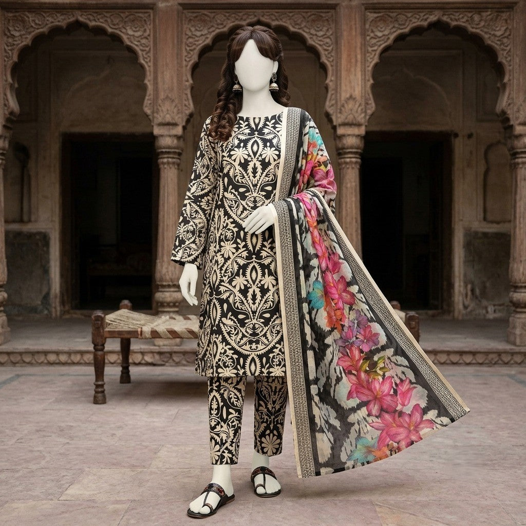 A mannequin seated on a traditional bench, wearing a black and gold paisley-patterned 3-piece unstitched lawn suit.