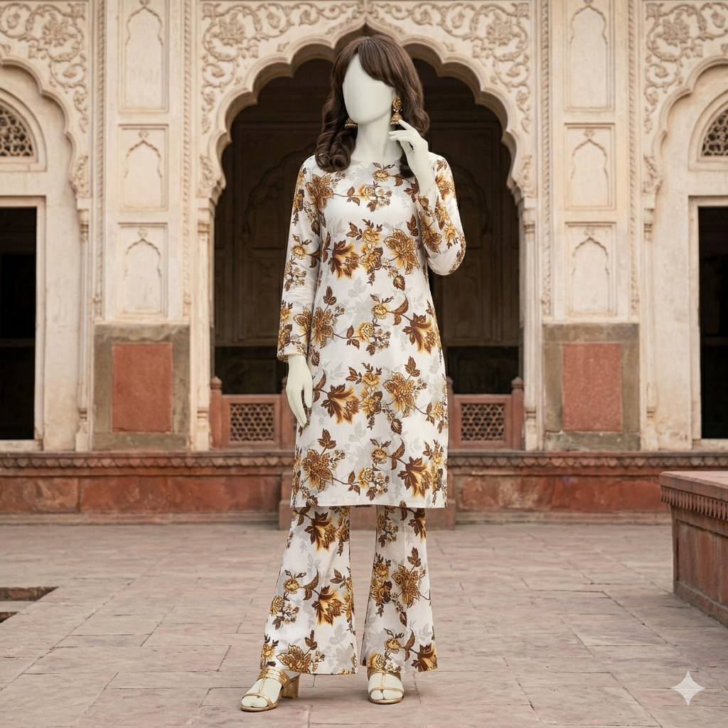 "Woman wearing a premium cotton-silk unstitched 2-piece suit with vibrant floral prints from ZH2 Store."