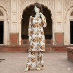 "Woman wearing a premium cotton-silk unstitched 2-piece suit with vibrant floral prints from ZH2 Store."