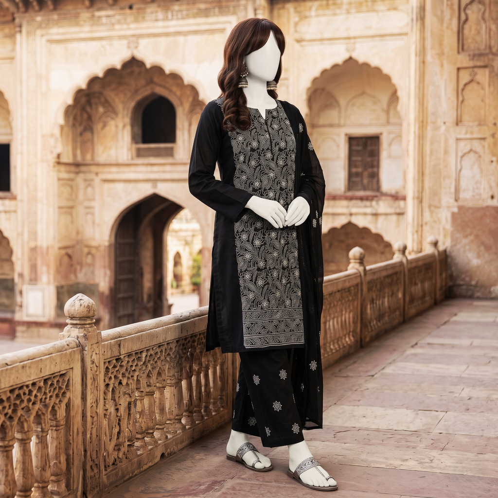 Elegant 3-piece unstitched lawn suit with colorful intricate embroidery on the shirt and trousers, paired with a matching embroidered dupatta, displayed on a mannequin.