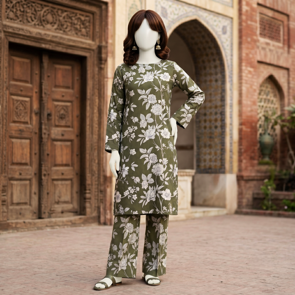 Woman’s printed cotton silk 2-piece unstitched suit, vibrant floral design, ZH2 Store collection.
