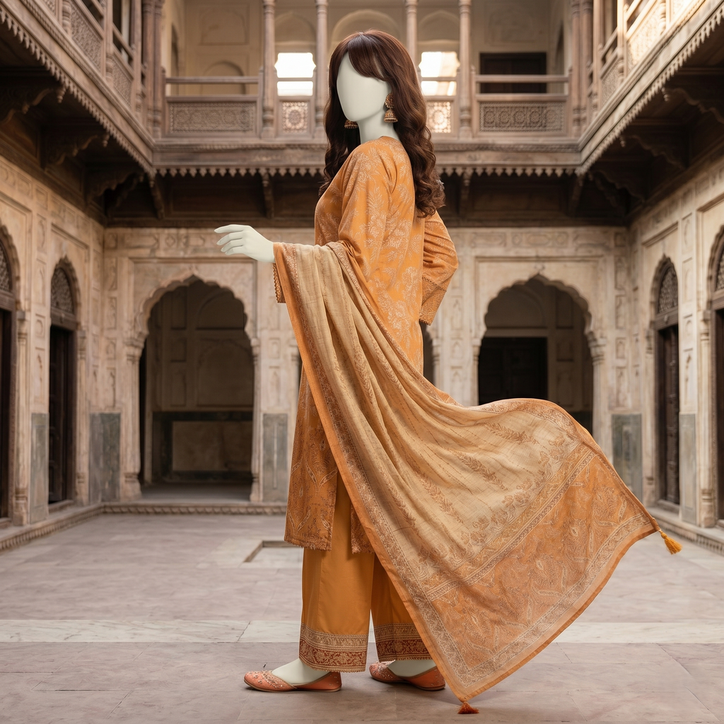 ZH2 Store 3-piece unstitched printed lawn suit featuring fine floral vine motifs on a mannequin.