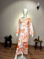 Printed Short Silk 2pc Suit | Orange & White Floral Co-ord Set (STS-3015)