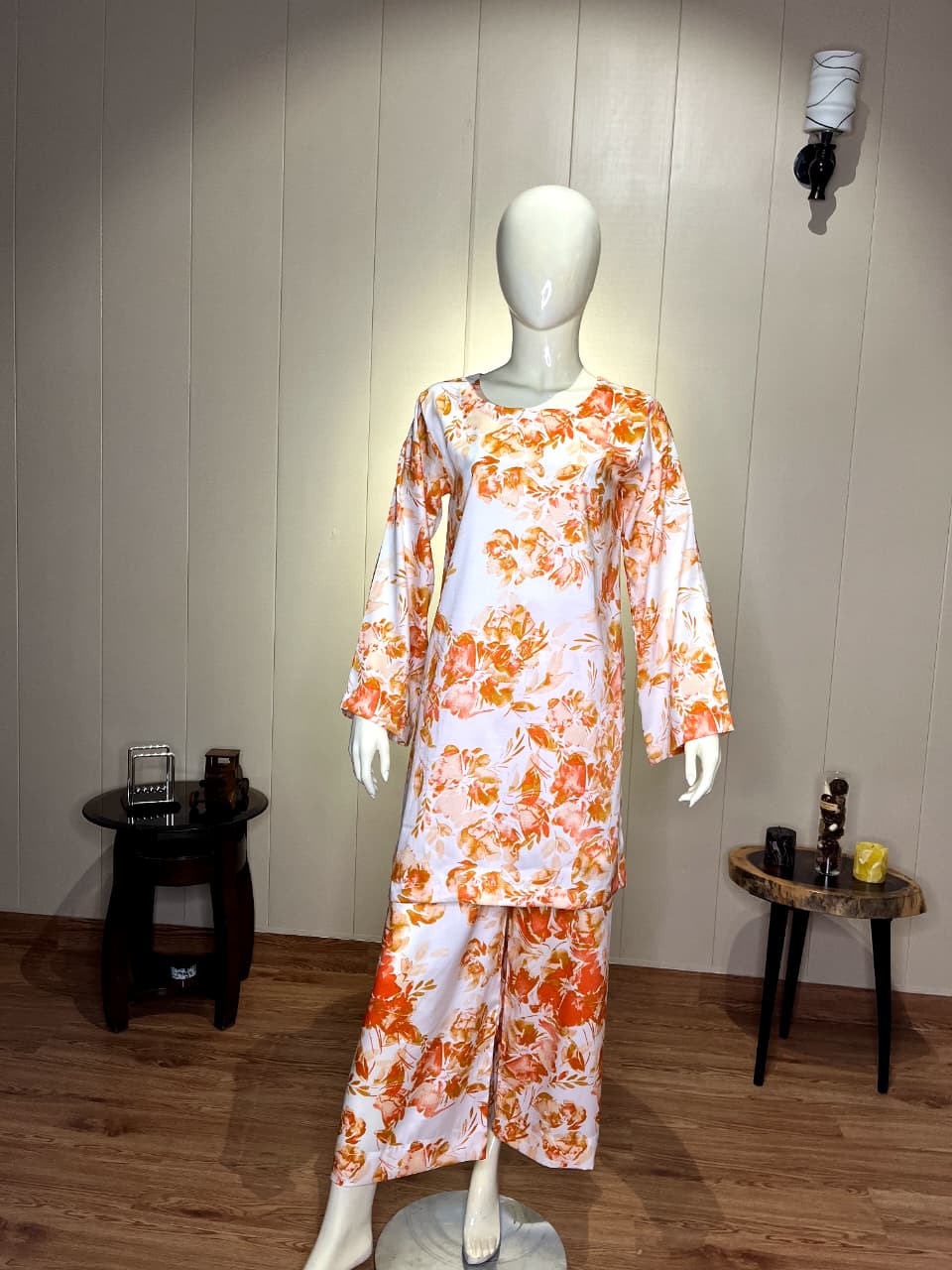 Printed Short Silk 2pc Suit | Orange & White Floral Co-ord Set (STS-3015)