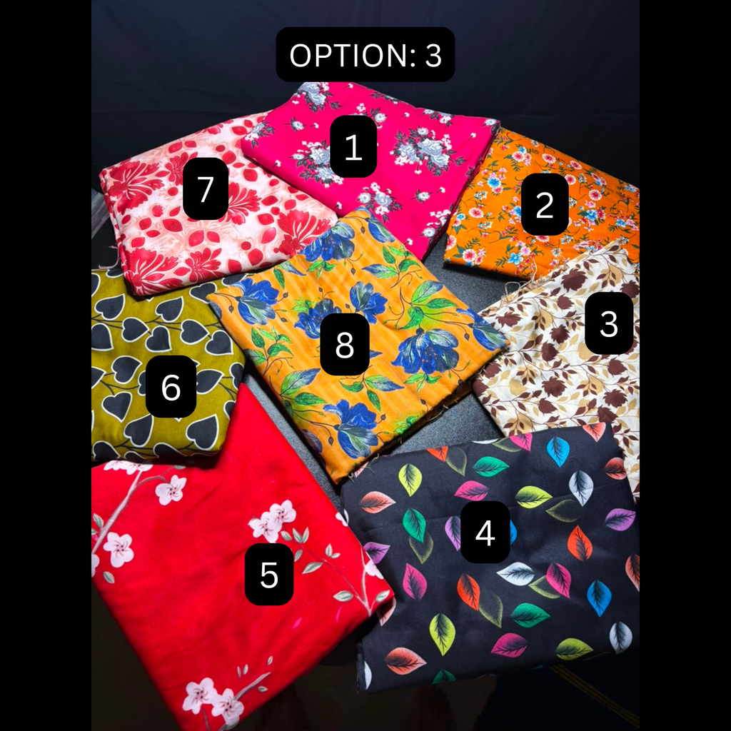 Eight folded fabric pieces arranged in a fan shape on a dark background, each labeled with a number from 1 to 8. A black label at the top reads 'OPTION: 3'.
