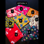 Eight folded fabric pieces arranged in a fan shape on a dark background, each labeled with a number from 1 to 8. A black label at the top reads 'OPTION: 3'.
