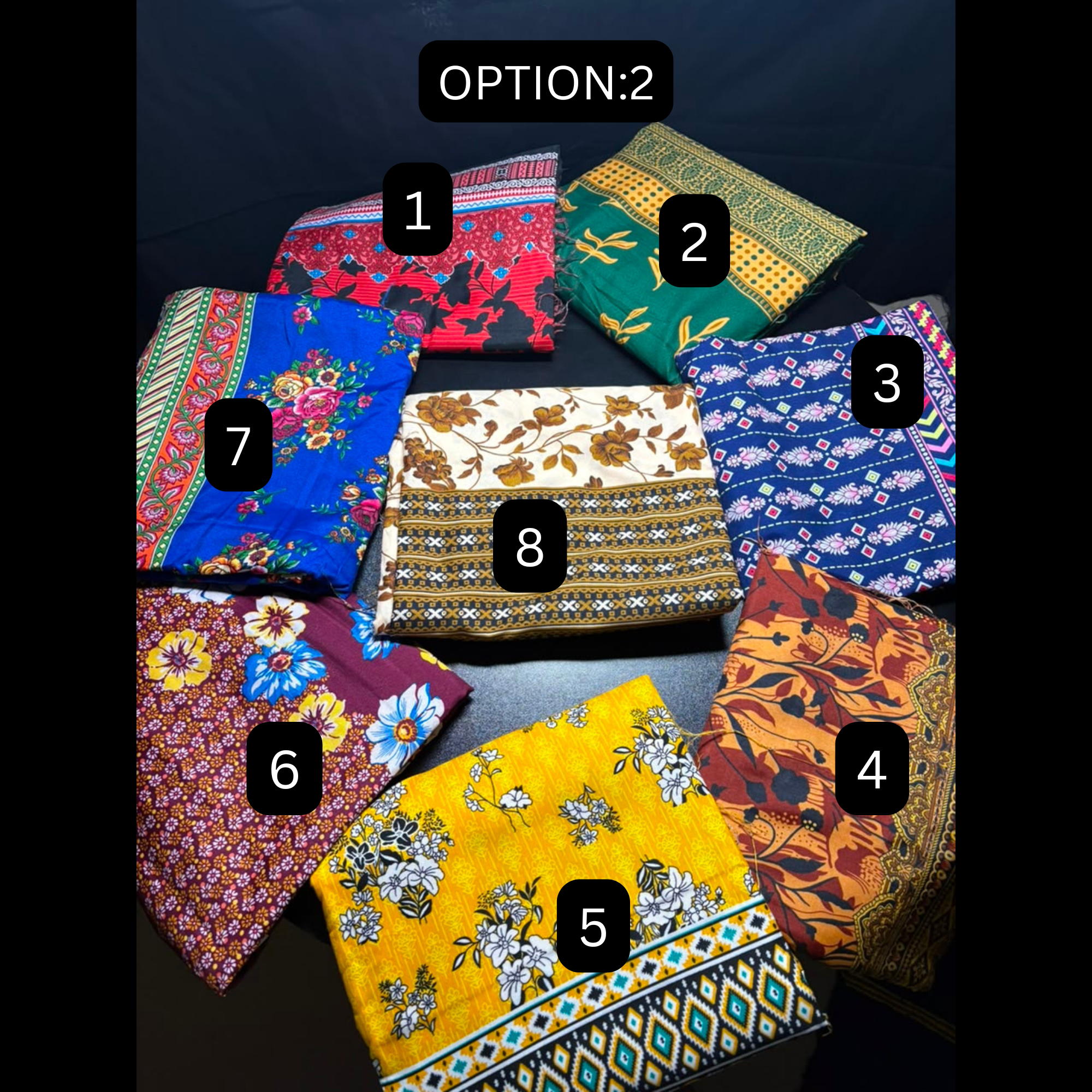 Eight folded patterned fabric pieces arranged in a circle on a dark background, labeled 1 through 8 with an 'OPTION:2' label at the top. The fabrics show multiple colorful floral and geometric prints in red, green, blue, cream, purple, orange, and yellow tones.
