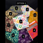 A collage showing multiple fabric or textile color/pattern options labeled 1 through 9, with an 'OPTION: 1' header. The fabrics include floral, paisley, leaf, and abstract prints in purple, teal, mustard, orange, pink, white, and multicolor combinations, arranged on a dark background.