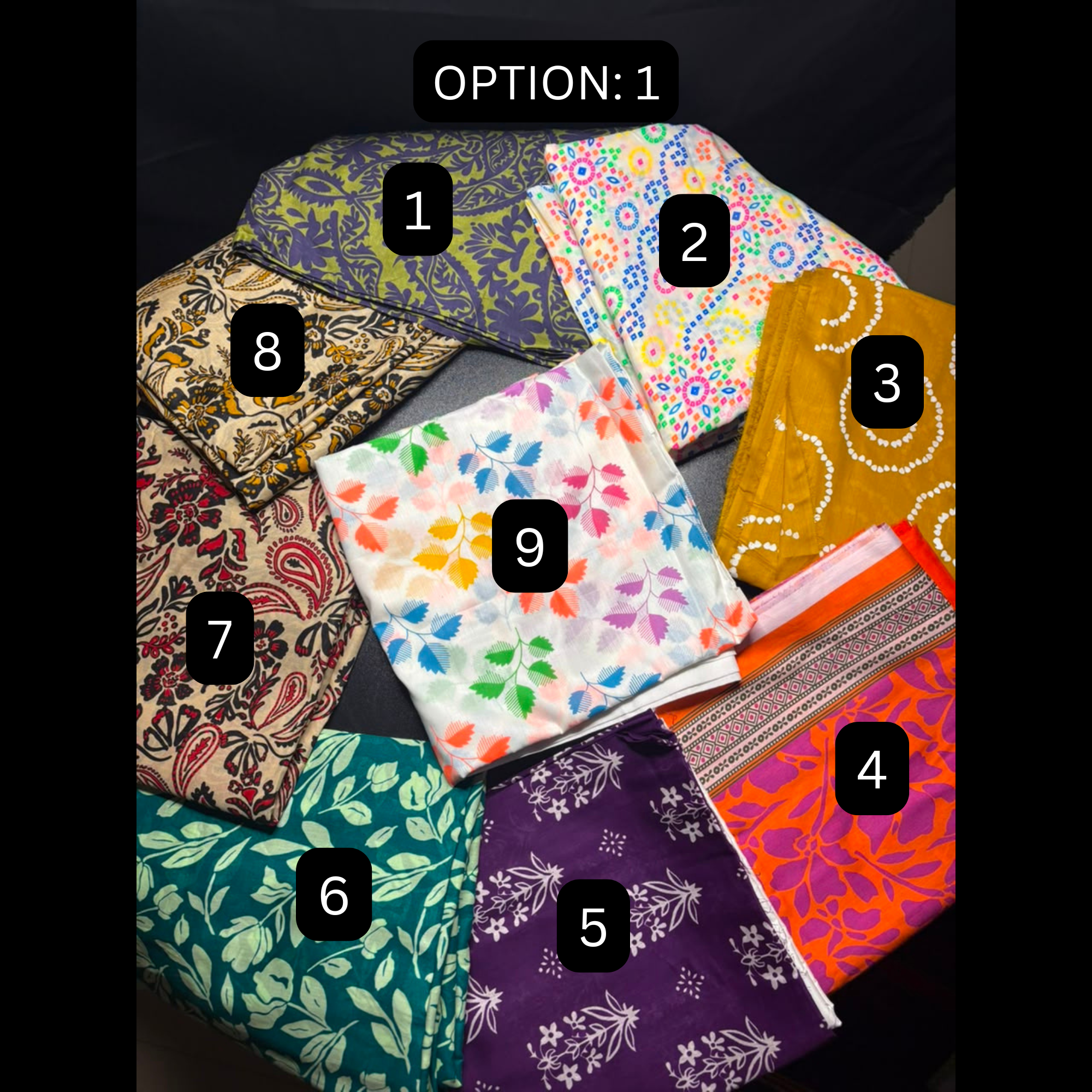 A collage showing multiple fabric or textile color/pattern options labeled 1 through 9, with an 'OPTION: 1' header. The fabrics include floral, paisley, leaf, and abstract prints in purple, teal, mustard, orange, pink, white, and multicolor combinations, arranged on a dark background.