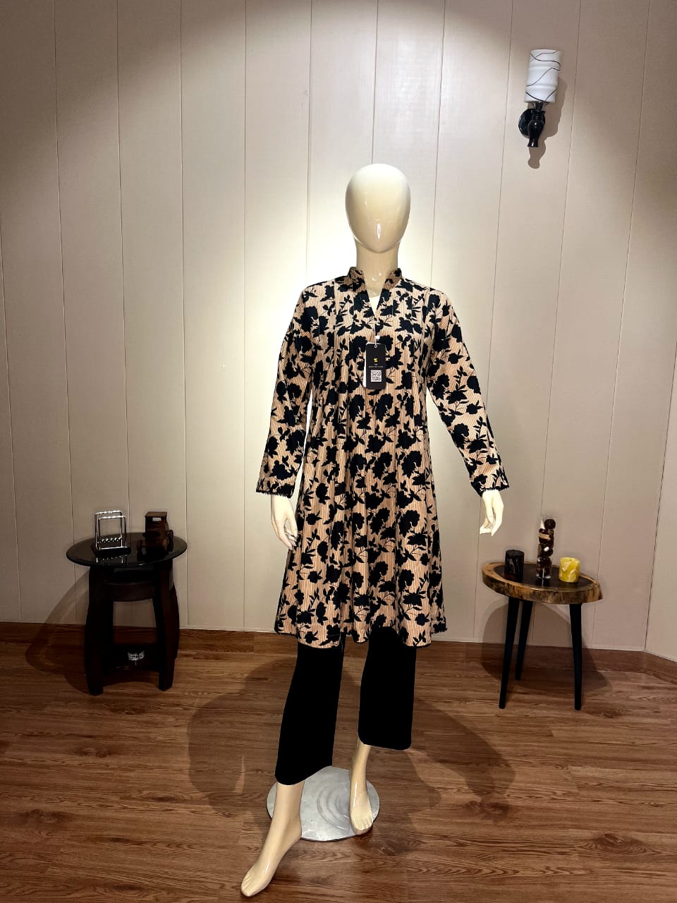 Chic Black & Beige Floral Printed Cotton Kurti/Tunic | Mandarin Collar Frock Style Shirt (CFS-3012)
