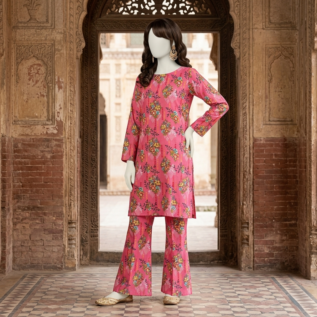 "Woman wearing premium cotton-silk unstitched 2-piece suit in Vintage pink print from ZH2 Store"