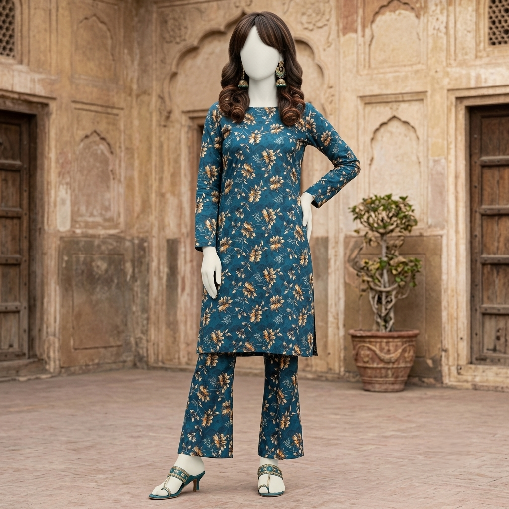 "Woman's premium 2-piece unstitched cotton suit with floral print"