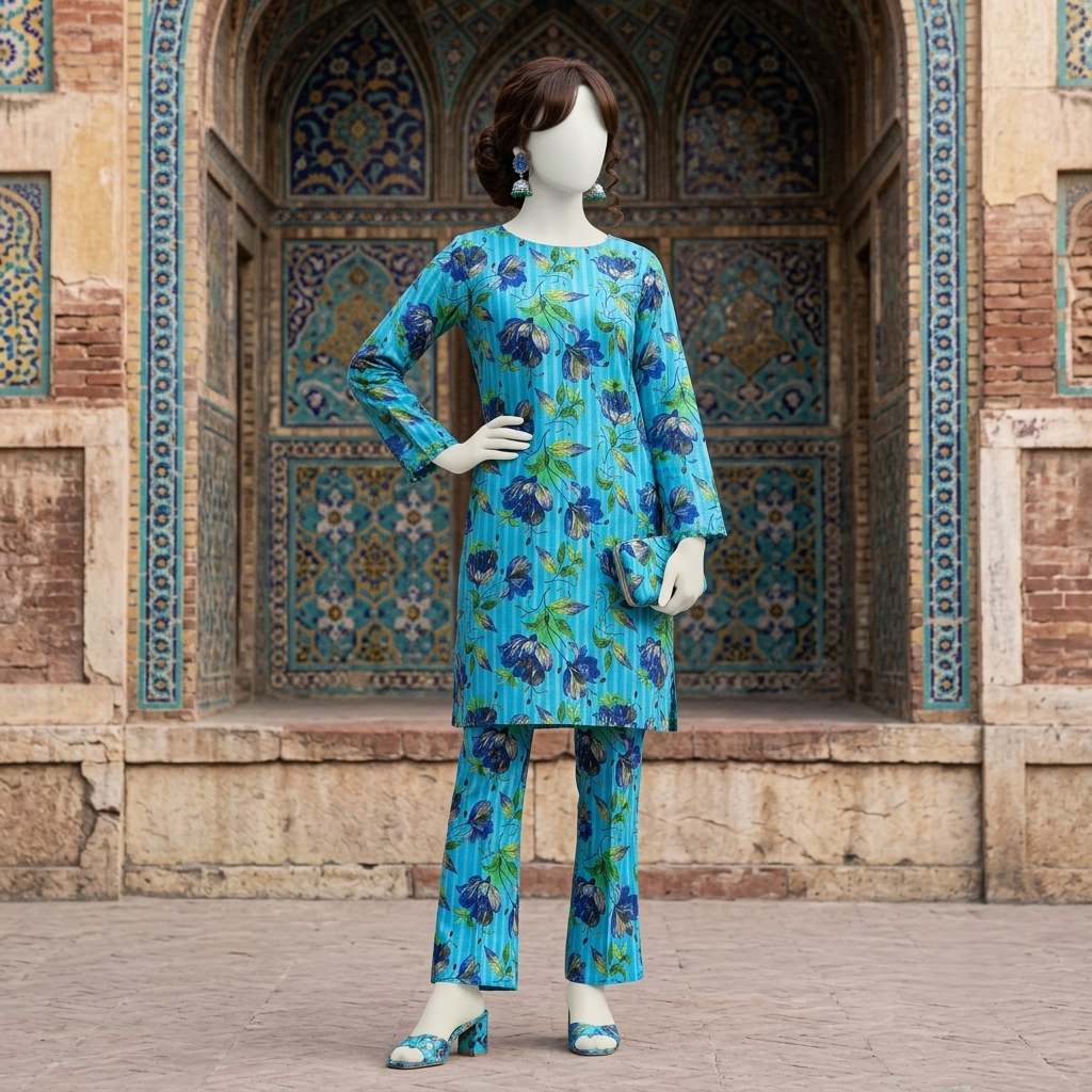 ZH2 Store premium 2-piece unstitched cotton silk suit with floral print.