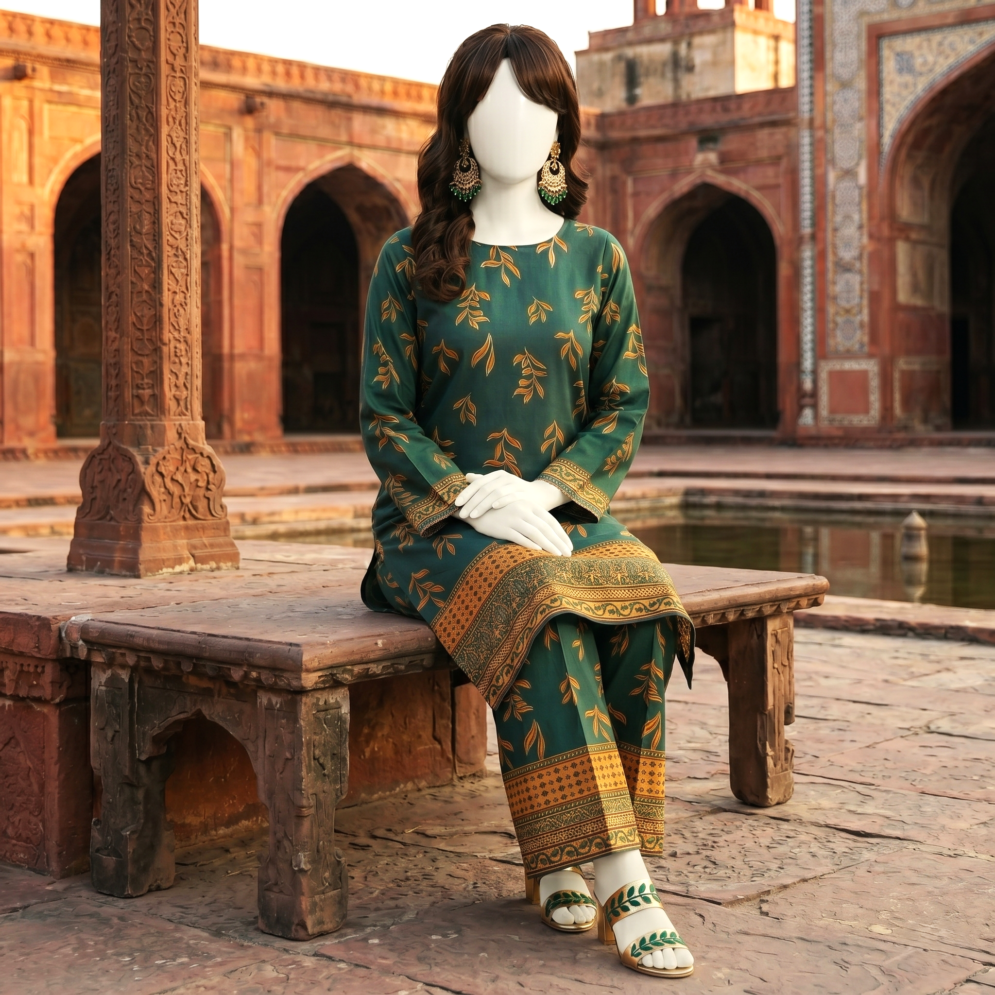 A mannequin wearing a sophisticated emerald green 2-piece unstitched cotton lawn suit with intricate leaf prints and traditional borders, displayed in an outdoor historical courtyard.