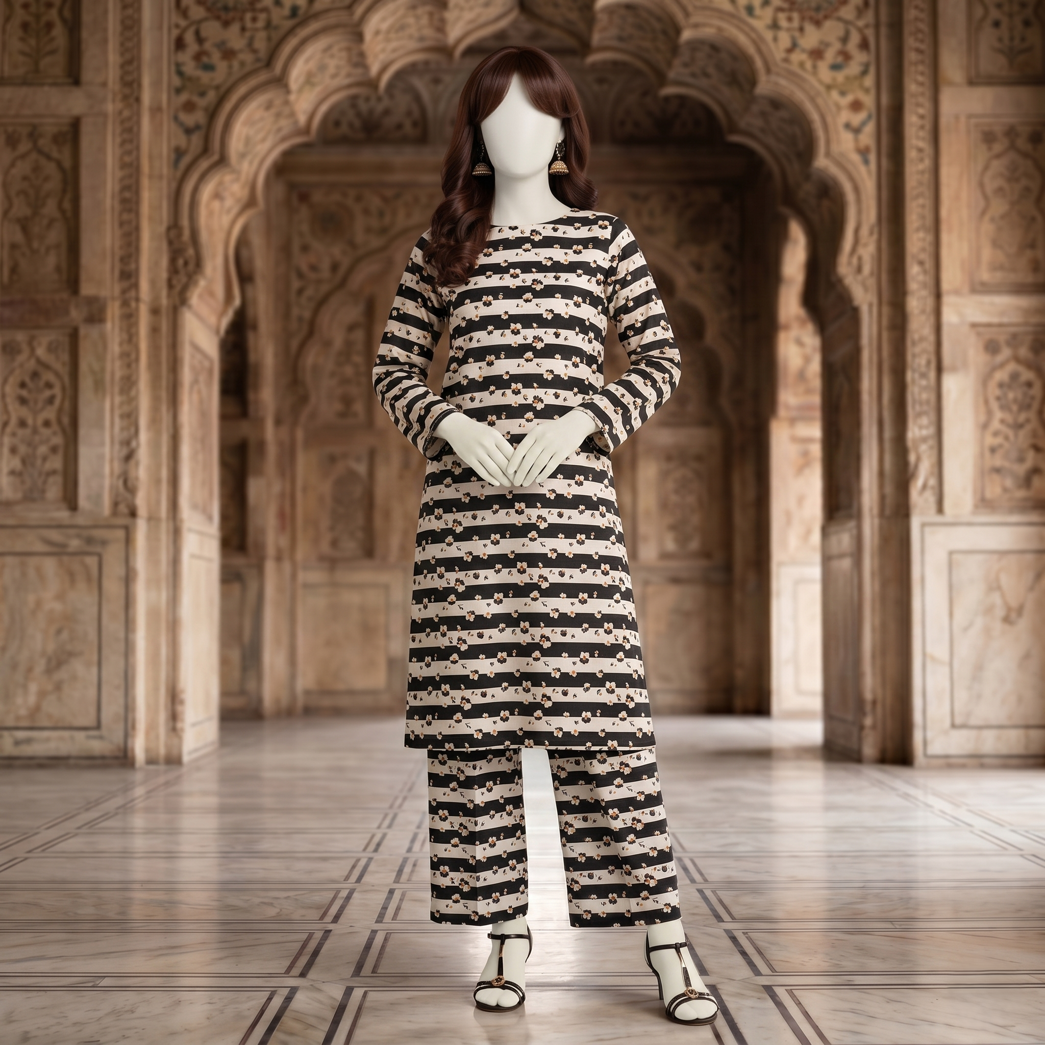 "Woman wearing a premium cotton-silk unstitched 2-piece suit with modern geometric printed work from ZH2 Store."