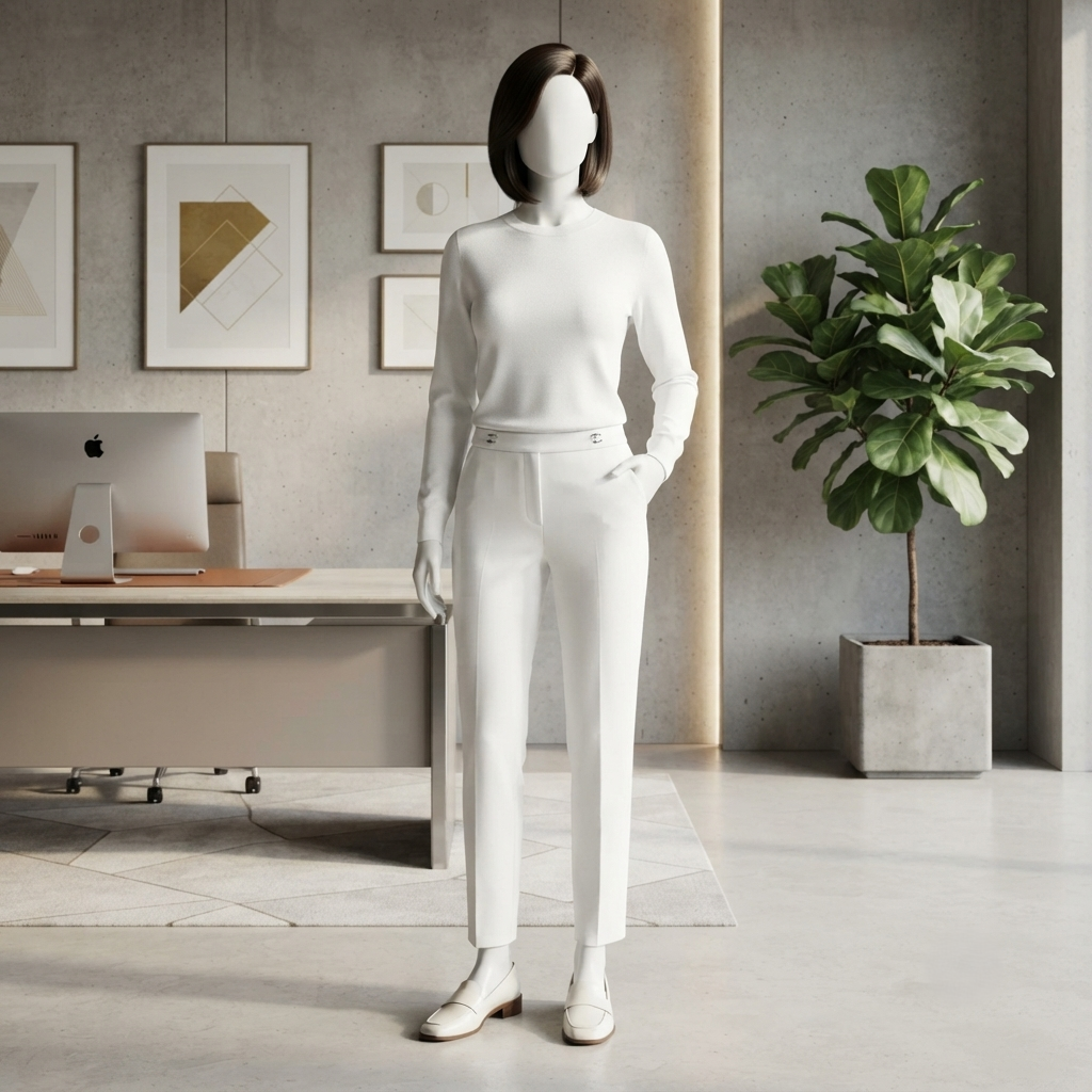 Mannequin wearing professional dress pants in a modern office setting, ZH2 Store.