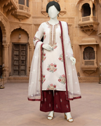 3-piece unstitched embroidered lawn suit with a matching trouser and dupatta displayed on a mannequin.
