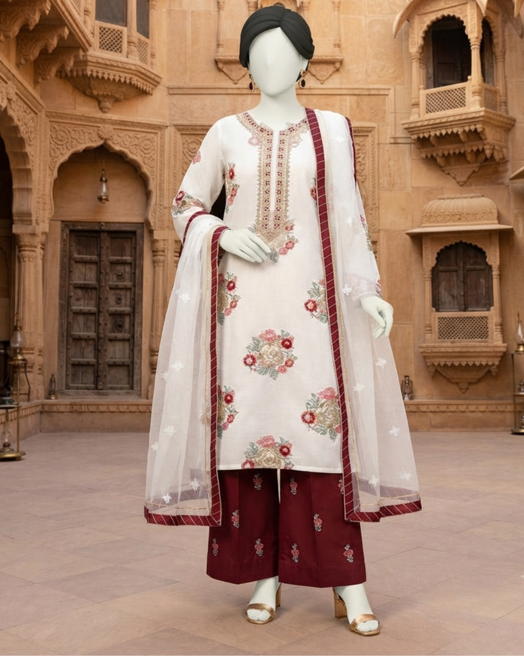 3-piece unstitched embroidered lawn suit with a matching trouser and dupatta displayed on a mannequin.