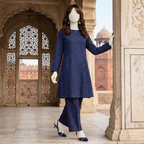 Woman’s navy blue 2-piece unstitched cotton suit with multicolored polka dot print, displayed on a mannequin.