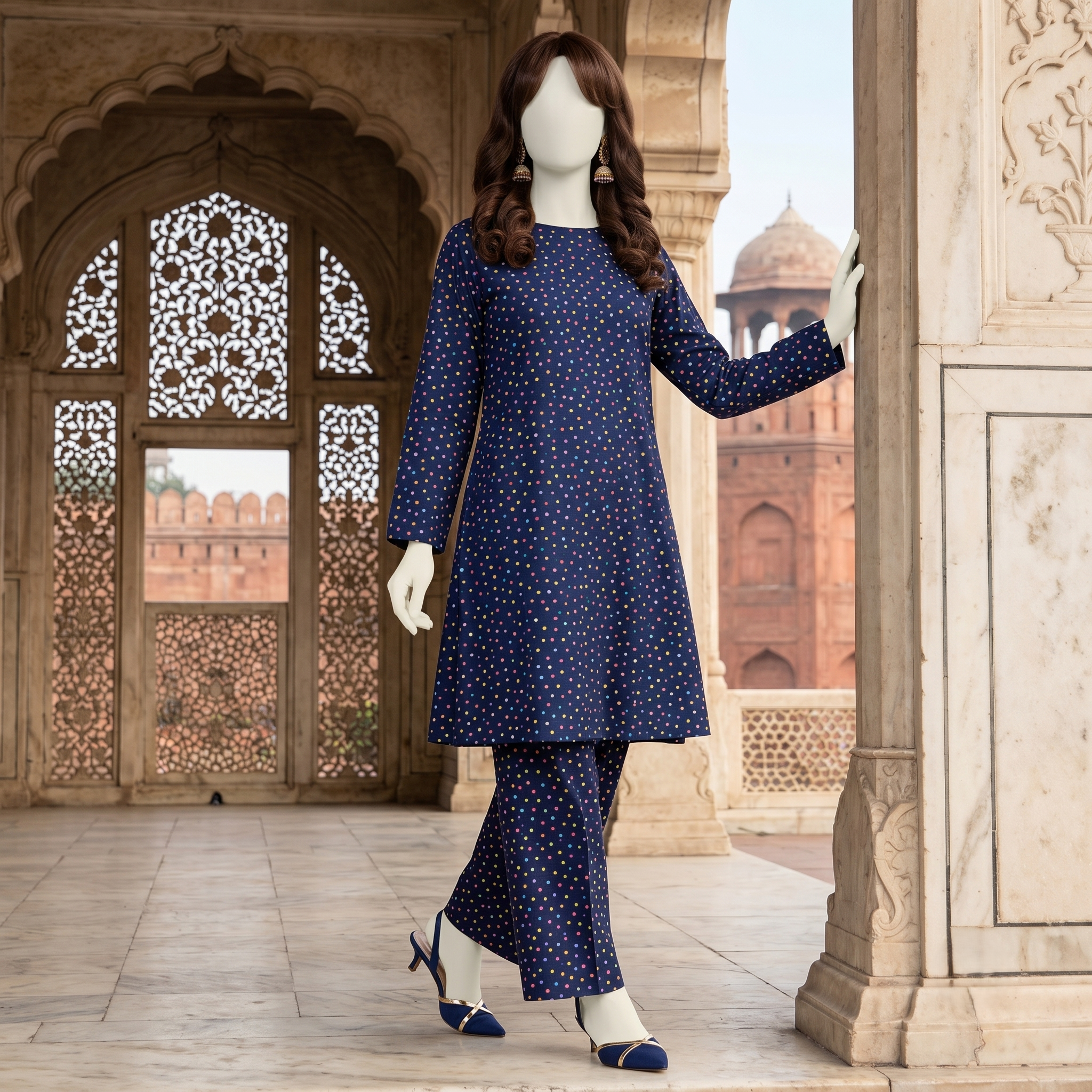 Woman’s navy blue 2-piece unstitched cotton suit with multicolored polka dot print, displayed on a mannequin.