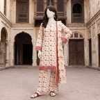 Front view of a mannequin wearing a beige floral printed 3-piece unstitched lawn suit from ZH2 Store