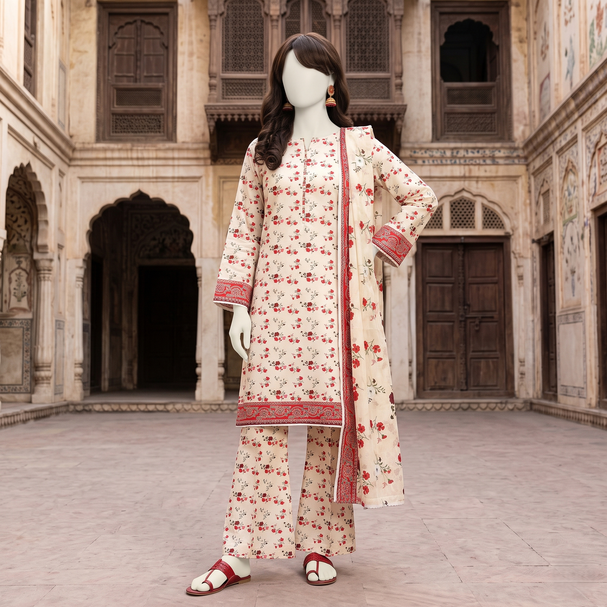 Front view of a mannequin wearing a beige floral printed 3-piece unstitched lawn suit from ZH2 Store