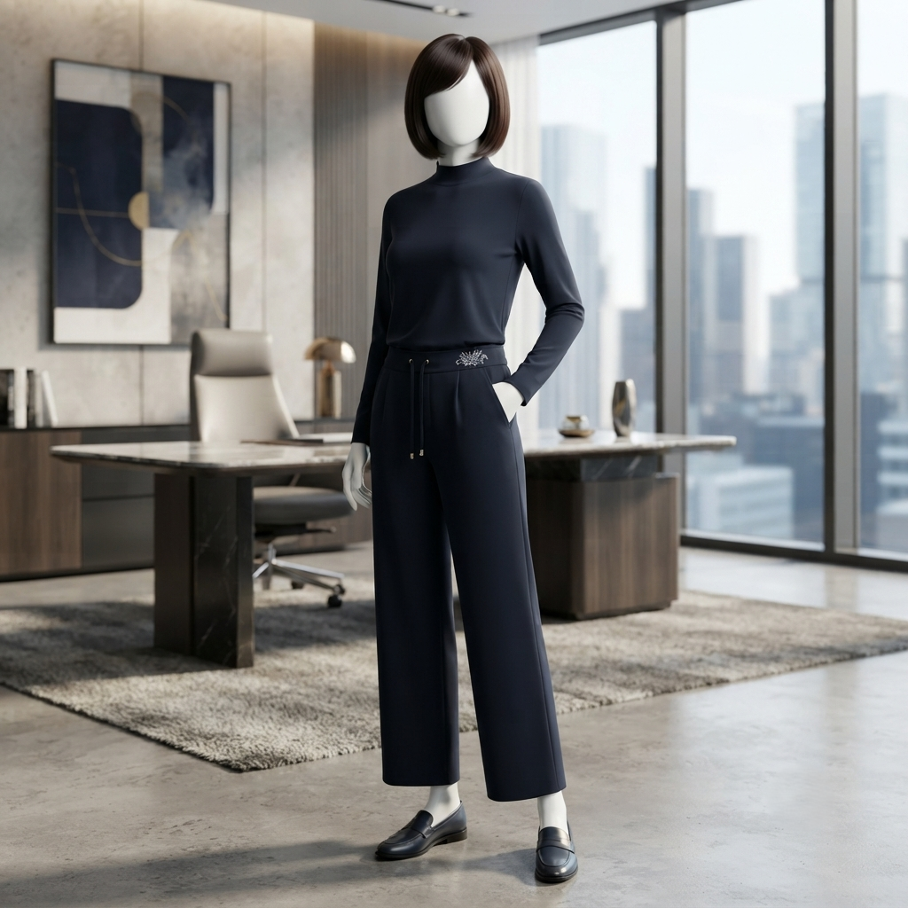 Professional display of black dress pants with drawstring waist in a modern office environment, ZH2 Store collection.