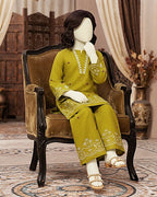 view of the kids unstitched embroidered lawn outfit showing detailed shirt and trousers