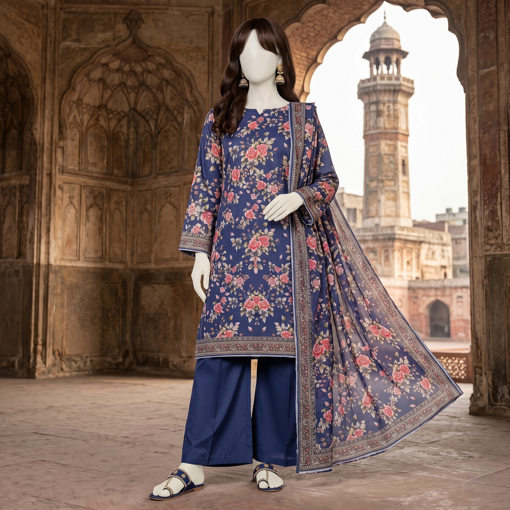 Navy blue floral printed 3-piece unstitched lawn suit on mannequin.